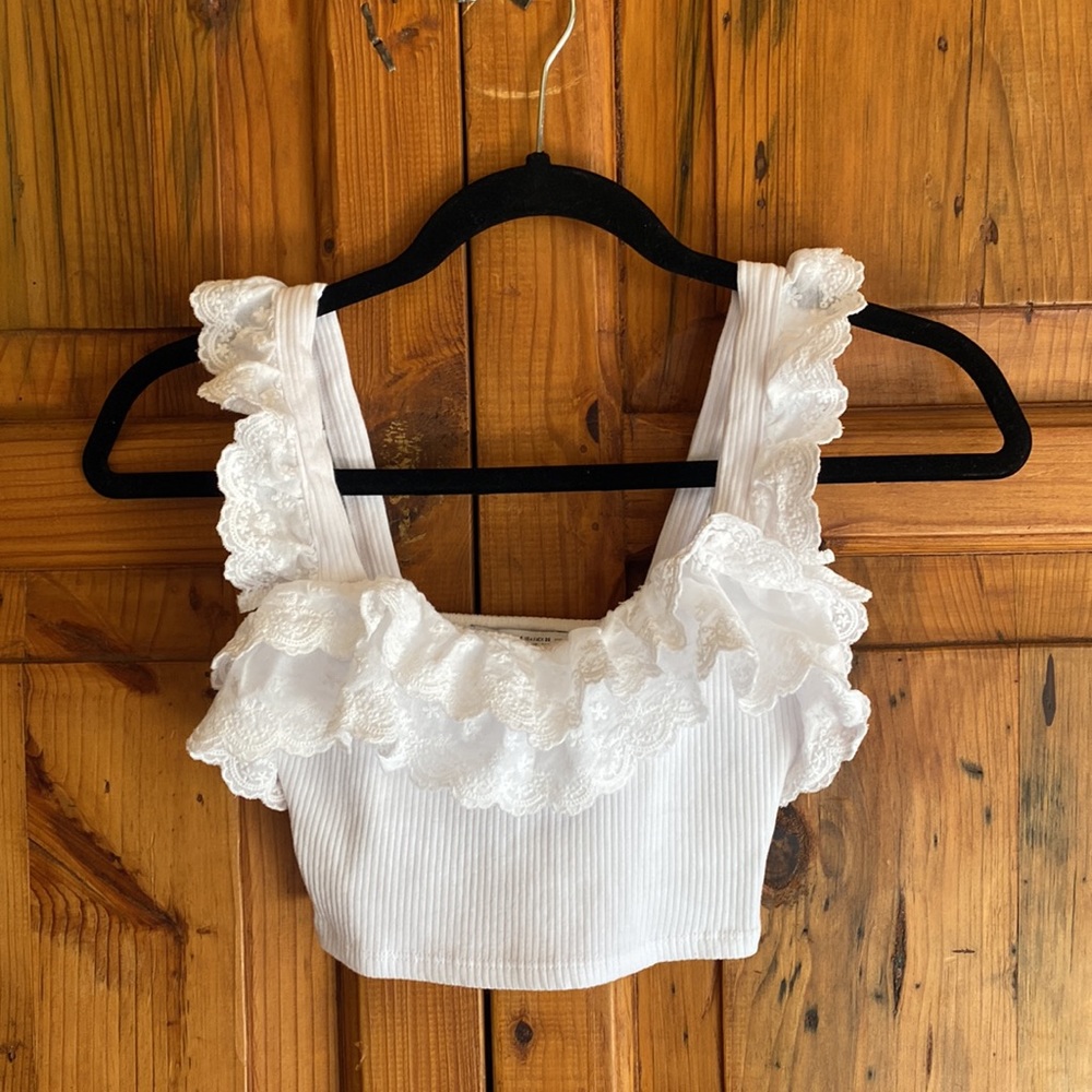 ZARA- White Ruffle Crop Tank Top